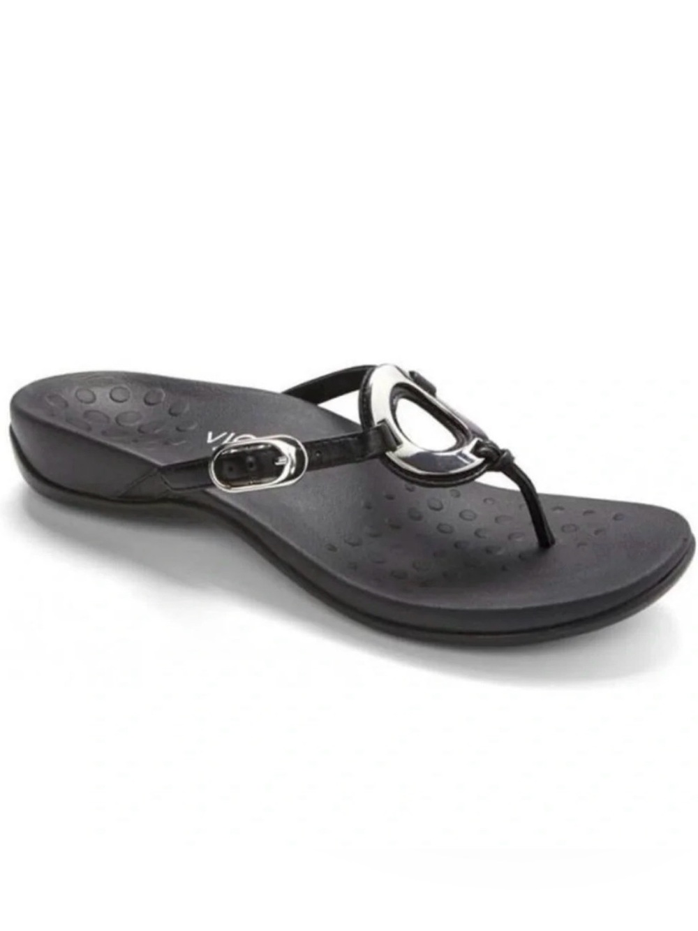 Vionic Karina Black T-Strap Silver Hardware Leather Sandal Thong 8 Excellent!